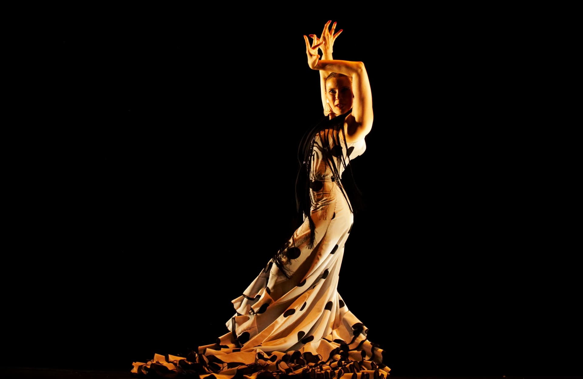 Tatiana Arenkova flamenco — braț ridicat, lumină caldă de scenă