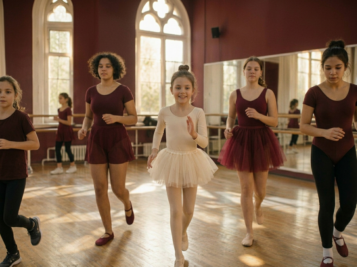 Copii și adolescenți de vârste diferite dansând împreună într-o sală luminoasă